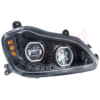 RH Headlight, Projector with LED Sequential turn signals and LED Halo Rings, Black, 2013-2021, Kenworth T680