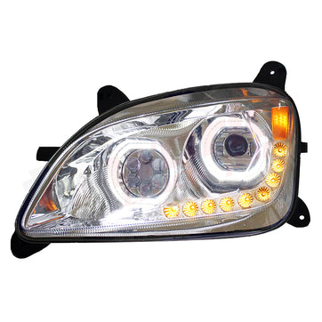 LH Headlight, Projector Full LED, with LED Sequential turn signals and LED DRL Halo Ring, Chrome, 2011-2021, Peterbilt 579 587